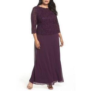 ALEX EVENINGS Womens Purple Stretch Sequined Lace Floral 3/4 Sleeve Jewel Neck M